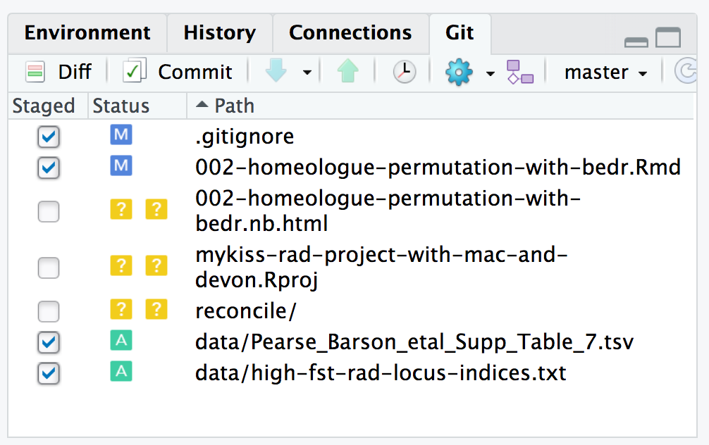 An example of what an RStudio git window might look like.