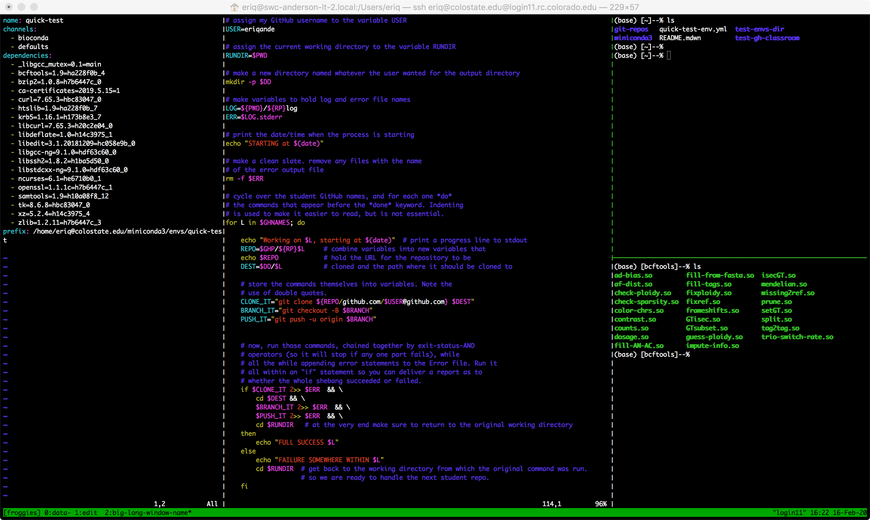 A tmux window with four panes.