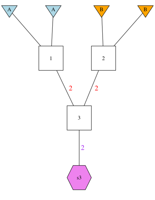 **A Simple GSP.** Here we have a pedigree with  diploid founder '1', who is formed by the union of two gametes from Population A, and diploid founder '2' with two gametes from Population B. Founder '1' and founder '2' then pass 2 gametes (red 2's) for the formation of 2 individuals represented by their descendant 'box 3'. The pink hexagon 's3' then represents the samples taken from 'box 3' with the pink 2 used to indicate the number of diploid individuals sampled.