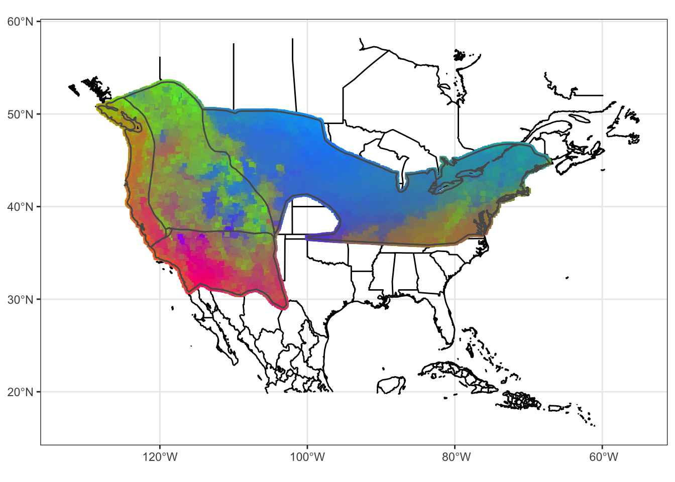 Our gradient forest model of SNP variation in the Willow Flycatcher breeding range on a map