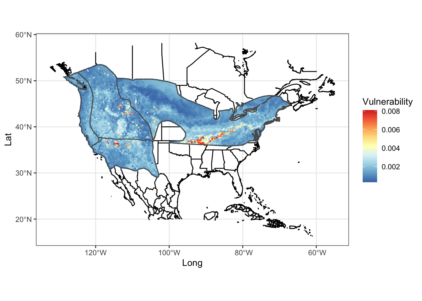 Heat map of genomic vulnerability under the 2050 2.6 emission future prediction