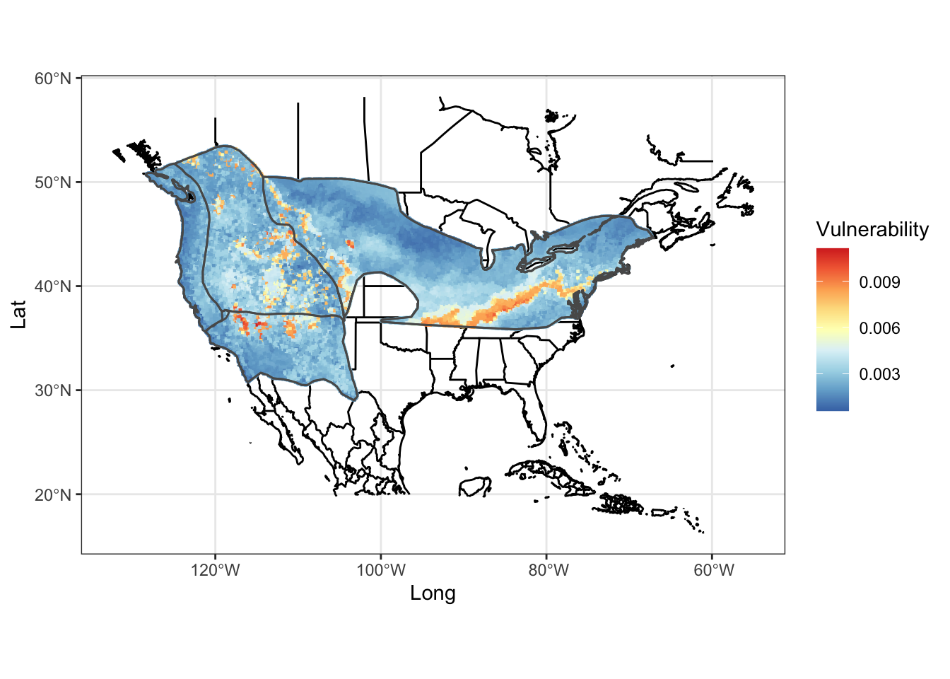 Heat map of genomic vulnerability under the 2050 8.5 emission future prediction